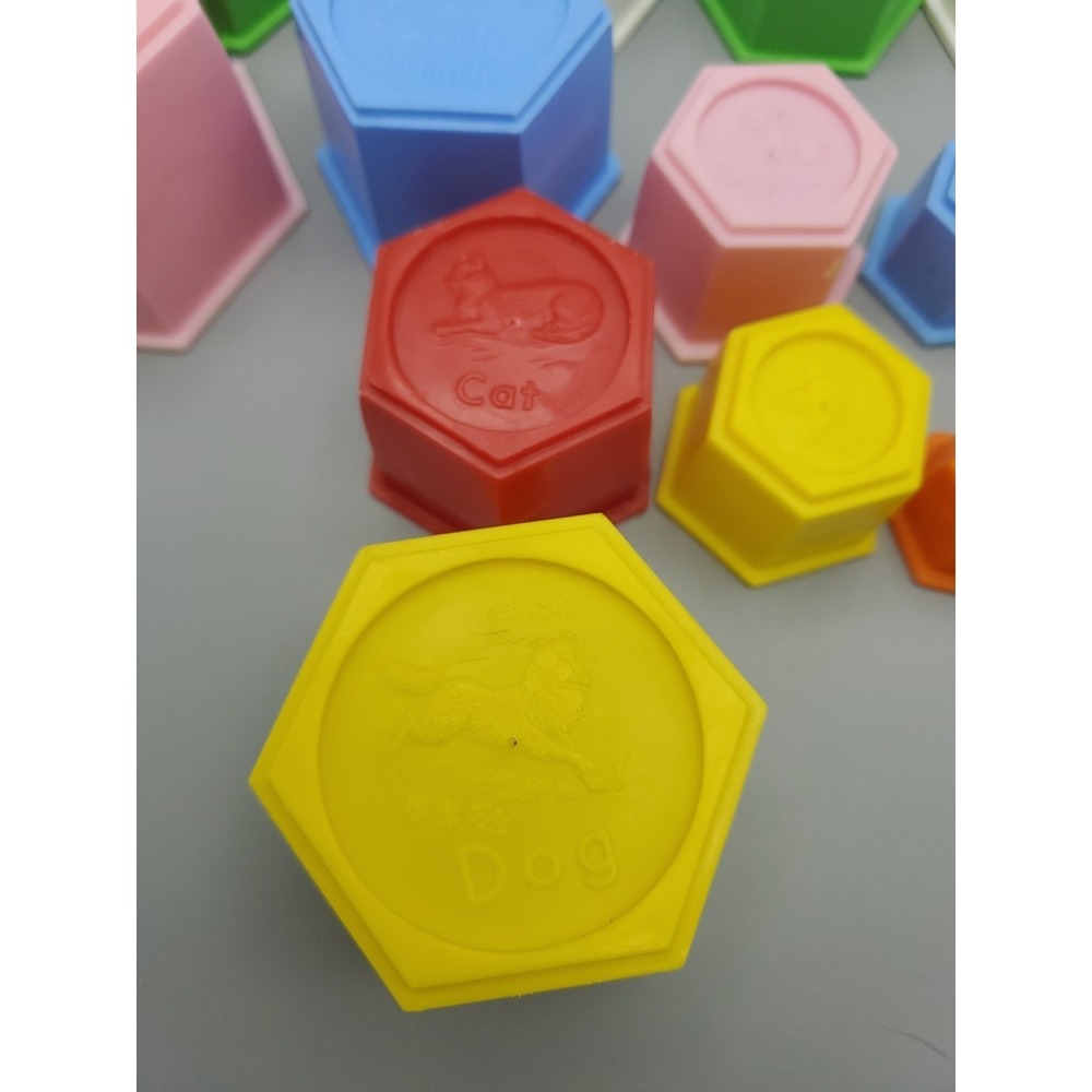 Vtg Child Guidance Toys Learning Tower Stack Nest Farm Animal Hex Blocks All 12 - Picture 3 of 16